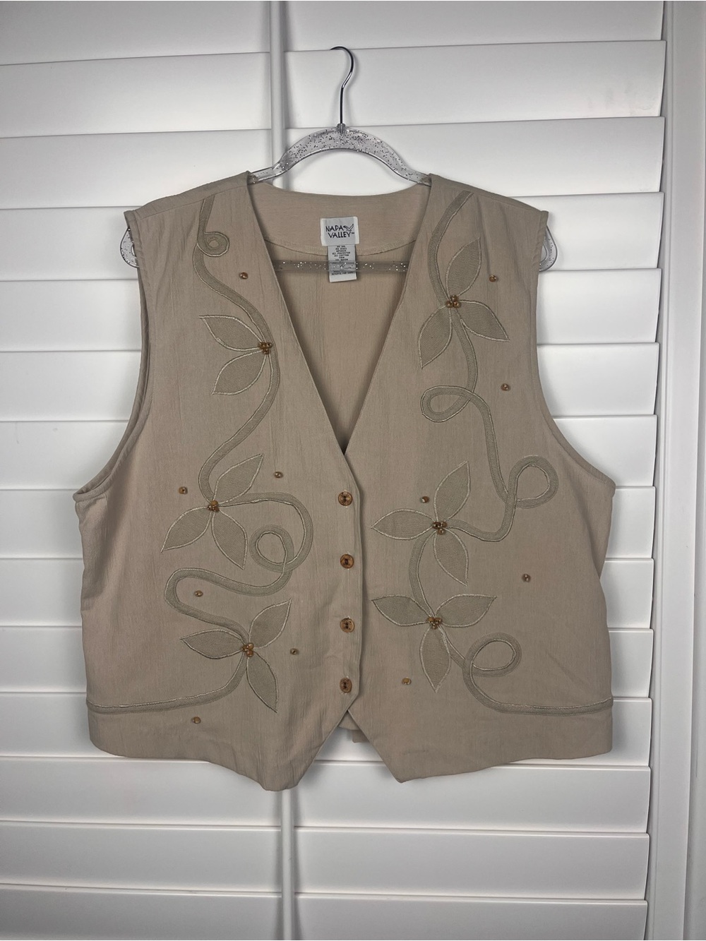Napa Valley Beige Embroidered Floral Button Front Vest Size XL